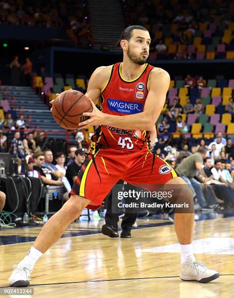 Chris Goulding of United looks to pass during the round 15 NBL match between the Brisbane Bullets and Melbourne United at Brisbane Entertainment...