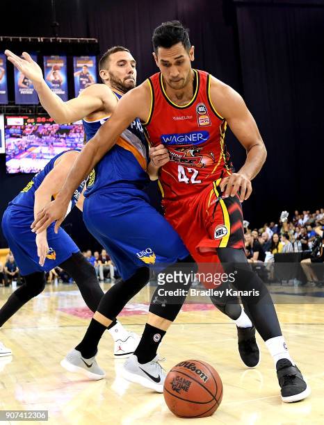 Tai Wesley of United takes on the defence during the round 15 NBL match between the Brisbane Bullets and Melbourne United at Brisbane Entertainment...
