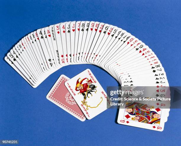 Deck of cards arranged in a fan shape, with the jokers in the centre.