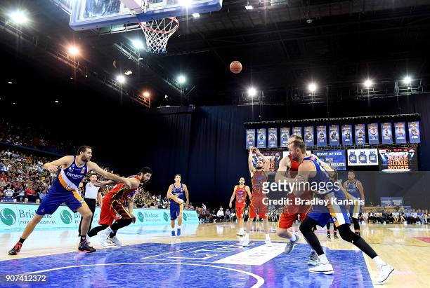 Peter Hooley of United shoots during the round 15 NBL match between the Brisbane Bullets and Melbourne United at Brisbane Entertainment Centre on...