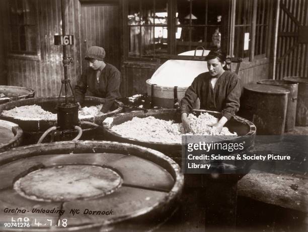 Women workers with their hands in nitration pans. A huge cordite explosive factory was built at Gretna in 1915, providing employment for over 9000...