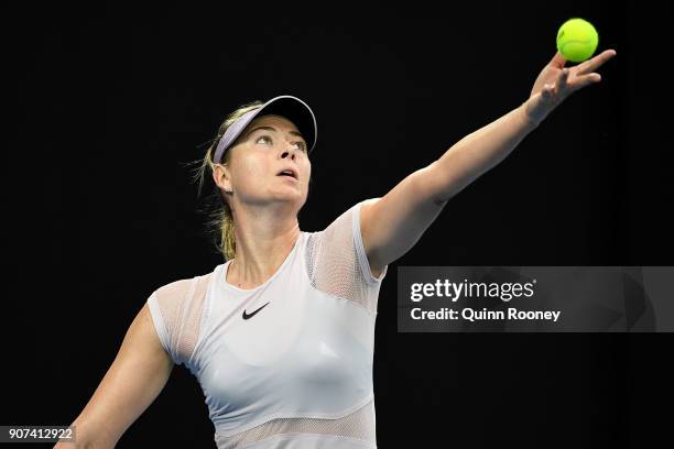 Maria Sharapova of Russia serves in her third round match against Angelique Kerber of Germany on day six of the 2018 Australian Open at Melbourne...