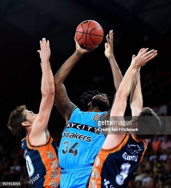 Rakeem Christmas of the Breakers attempts a jump shot during the round 15 NBL match between the Cairns Taipans and the New Zealand Breakers at Cairns...