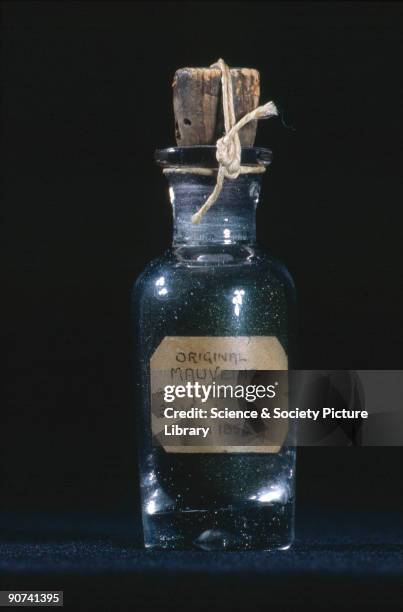 Bottle of mauveine acetate dye, labelled 'Original Mauveine prepared by Sir William Perkin in 1856', but probably prepared in 1863-1864. Perkin...