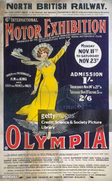 Poster produced for North British Railway to promote their routes to London for the 6th International Motor Exhibition held at Olympia, London. The...