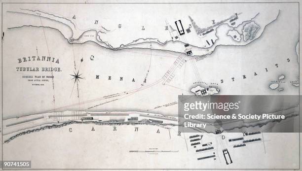 General plan of the works from a survey carried out in 1848. The Britannia Tubular Bridge was designed by Robert Stephenson and was completed in...