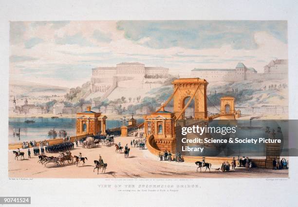 Coloured lithographic print by G Hawkins Jnr. 'View of the suspension bridge now erected over the river Danube at Pesth in Hungary, designed and...