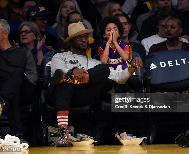 Actor Taye Diggs and his son Walker Diggs attend a basketball game between the Indiana Pacers and Los Angeles Lakers at Staples Center on January 19,...