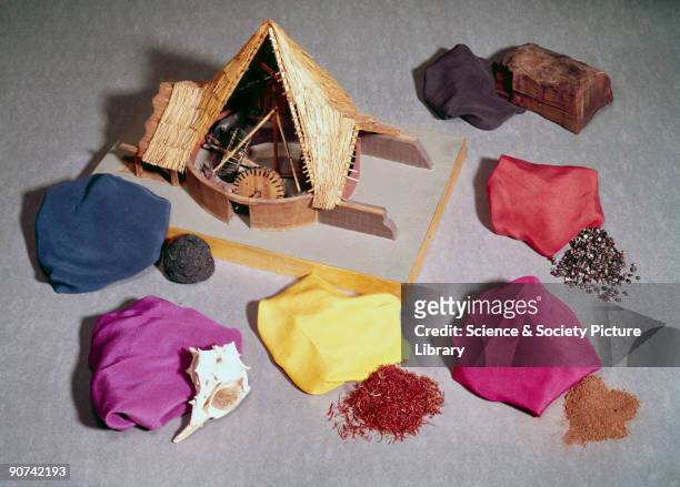 Six natural dyes each shown with examples of dyed fabrics, together with a model of a woad mill at Parson Grove, Lincolnshire, c 1900. Going...