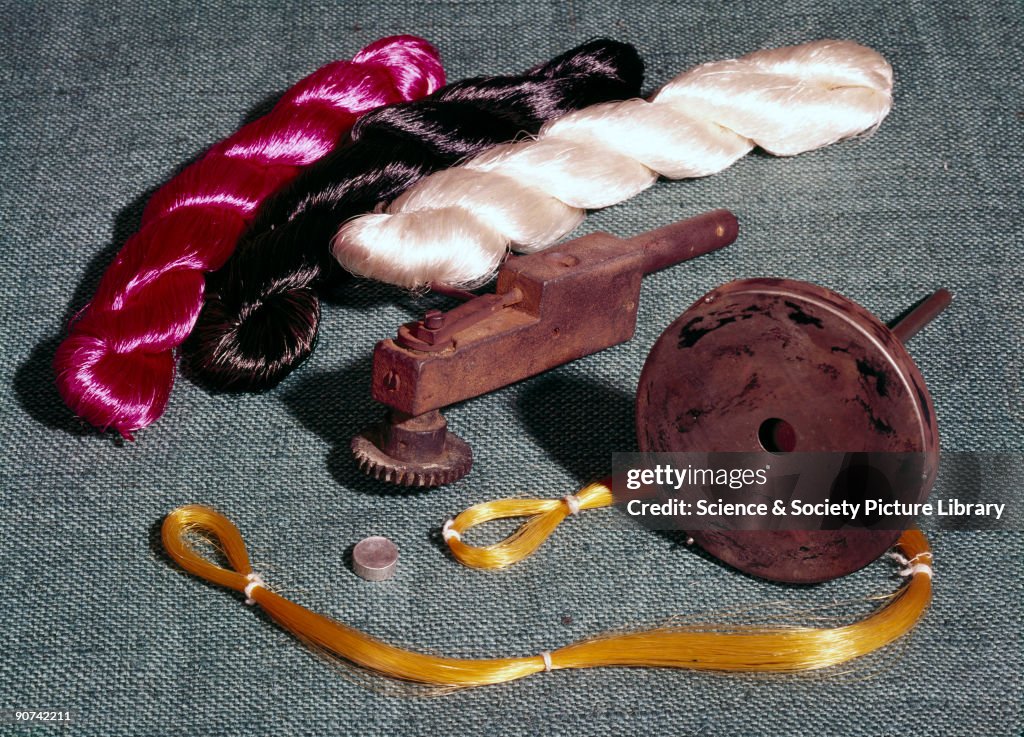 Objects relating to early viscose rayon (artificial silk) manufacture, c 1900.
