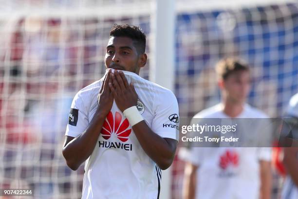 Roy Krishna of the Phoenix during the round 17 A-League match between the Newcastle Jets and Wellington Phoenix at McDonald Jones Stadium on January...