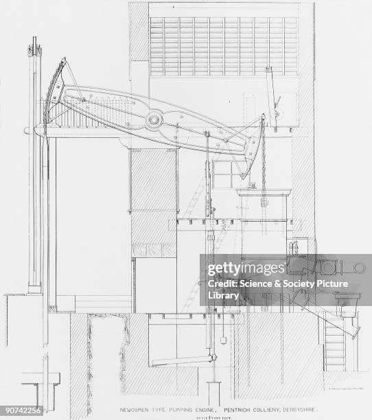 Technical drawing by Clarence O Becker showing the side elevation of an atmospheric engine at Pentrich Colliery, Derbyshire, based on a design by...
