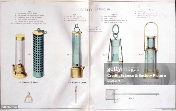 Diagrams of safety lamps designed by George Stephenson , Sir Humphry Davy , Clover & Cail and T Y Hall. Until the invention of the safety lamp,...