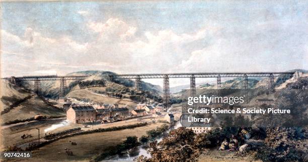 Coloured lithograph by H J Cooke of the Crumlin Viaduct on the Taff Vale Extension of the West Midland Railway. Crumlin Viaduct was considered to be...