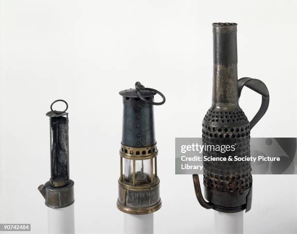 The Davy lamp on the left, designed by Sir Humphry Davy in 1815, consists of a cylinder of wire gauze containing a wick attached to an oil reservoir...