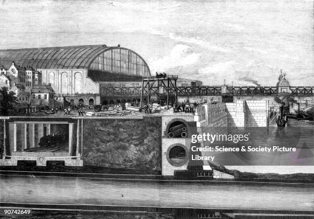 Plate from the Illustrated London News . 'Section of the Thames Embankment, showing The Subway, The Low level sewer, The Metropolitan Railway, and...