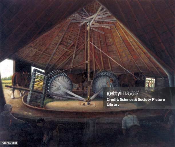 Oil painting by Alfred Balding of Wisbech, showing the inside of the roller house of the mill at Parson Drove, near Wisbech, Cambridgeshire. Three...