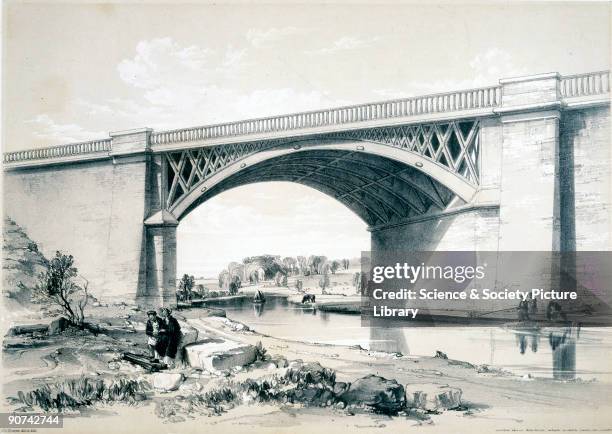 Lithograph, drawn and lithographed by J C Bourne, showing the bridge built to carry the London and Birmingham Railway over the Grand Junction Canal...