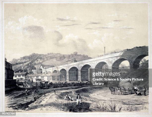 Lithograph, drawn and lithographed by the American-born artist Arthur Fitzwilliam Tait showing the Lydgate Viaduct on the Manchester and Leeds...