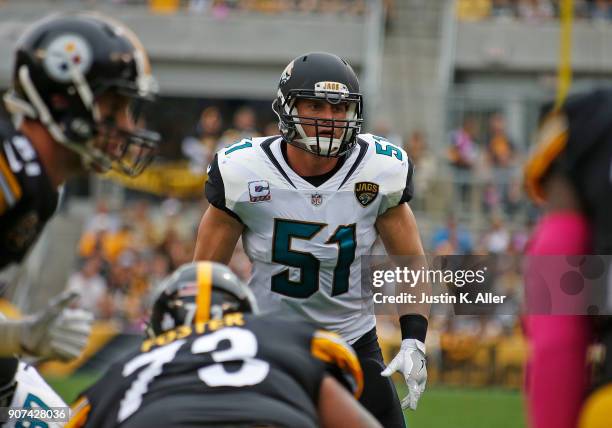 Paul Posluszny of the Jacksonville Jaguars in action against the Pittsburgh Steelers on October 8, 2017 at Heinz Field in Pittsburgh, Pennsylvania.