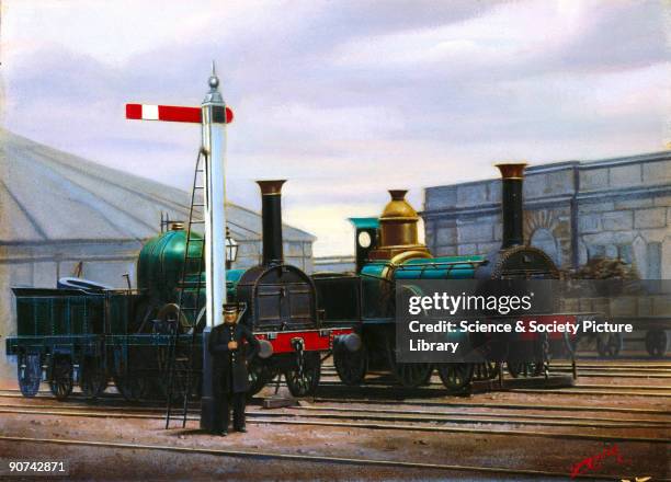 Painted photograph by F Moore, showing two Eastern Counties Railway 2-2-2 locomotives standing outside Stratford Roundhouse in East London. A...