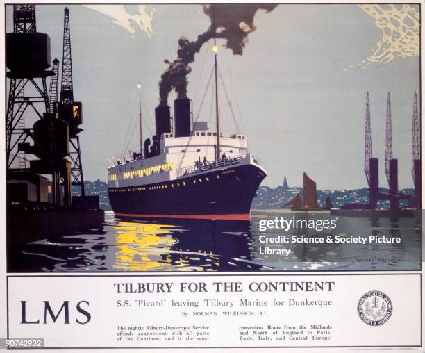 Poster produced for London, Midland & Scottish Railway to promote sea services from Tilbury to the Continent. The poster shows the SS �Picard�...