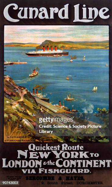 Quickest Route New York to London and the Continent via Fishguard. A Cunarder in Fishguard Harbour�, by artist Odin Rosenvinge.
