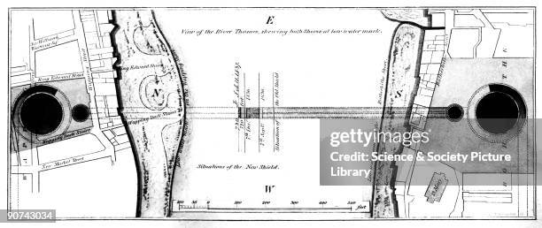 An overhead view showing both shores at low water mark, produced in a pamphlets which described the progress on the Thames Tunnel from 1833 to 1862....