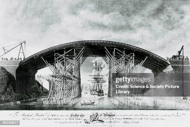 Engraving of the cast iron bridge over the River Wear at Sunderland, Tyne and Wear.