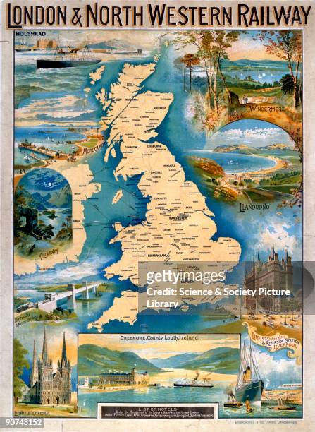 London & North Western Railway poster showing a map of the system with views of destinations such as Holyhead, Morecambe, Llandudno, Windermere, and...