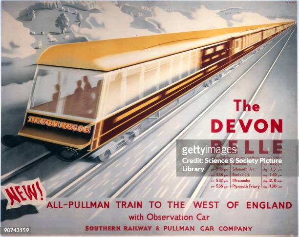 Poster produced for Southern Railway to promote rail services between the West of England and Waterloo Station, London. The poster shows �The Devon...