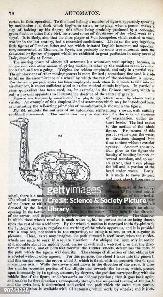 Page of text with an illustration of a mechanical swan from 'A Dictionary of Arts, Manufactures and Mines' by Andrew Ure, . Dr Andrew Ure was a...