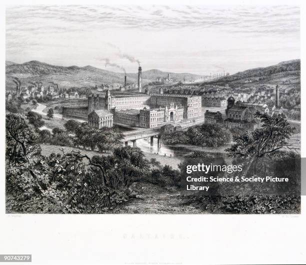 Steel engraving by William Home Lizars showing the textile mill at Saltaire, West Yorkshire. Salt�s Mill, situated on the bank of the River Aire near...