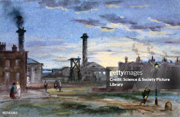 Gouache on blue paper attributed to Samuel Bough. A small urban scene of smoking chimneys and a retort house at night, featuring a lighterman...