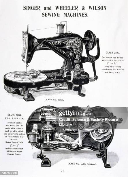 Trade advertisement for Singer and Wheeler & Wilson Sewing machines, showing the �Class 22K1� and �22K3� models. Isaac Merritt Singer totally...