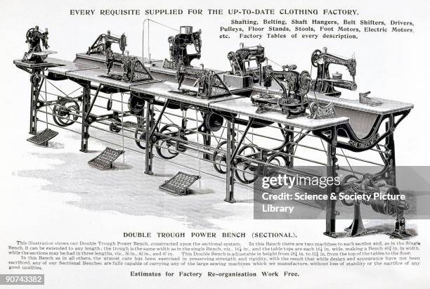 This trade advertisement shows a double trough power bench manufactured by Singer for clothing factories. The bench is extendable, height adjustable...