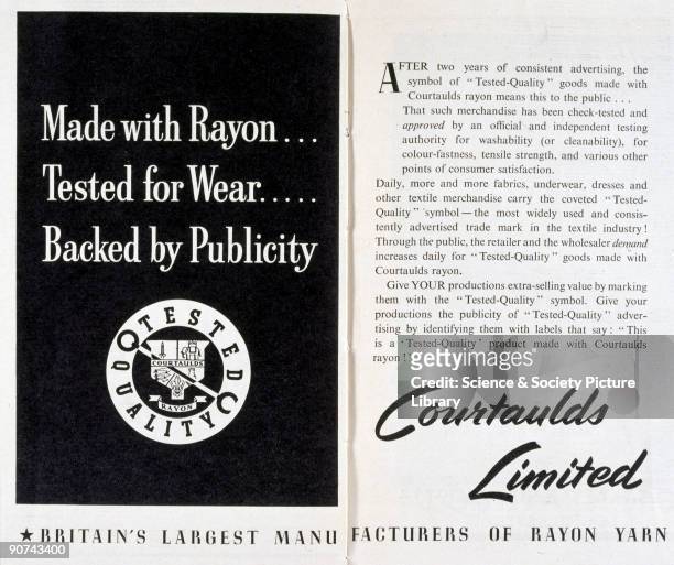 Made with Rayon, Tested for Wear, Backed by Publicity'. An advertisement for Courtaulds Limited from 'The Story of Rayon and Other Synthetic...
