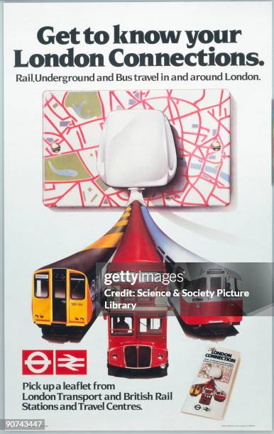 Poster produced for British Rail and London Transport, promoting rail, underground and bus travel in and around London. The image shows a map of...