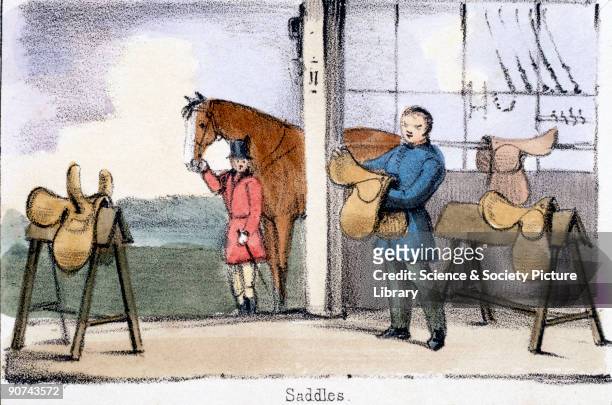 Vignette from a lithographic plate showing a tack room. Taken from 'The Pig' in 'Graphic Illustrations of Animals - showing their utility to man in...