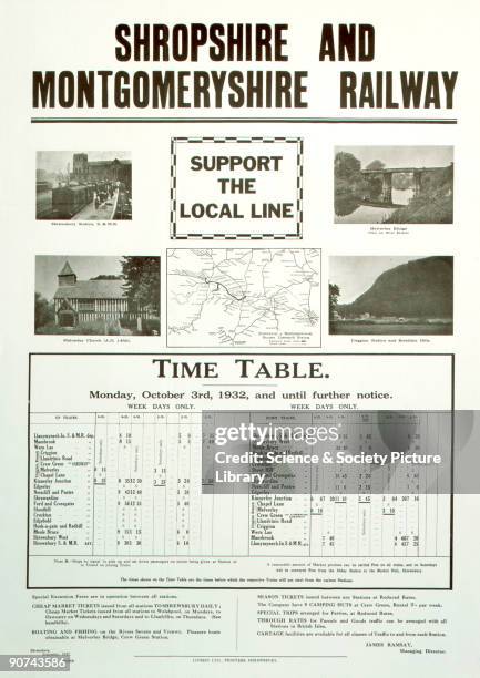 Poster produced for the Shropshire & Montgomeryshire Railway to promote rail services on the local line. The poster shows a route map and timetable...