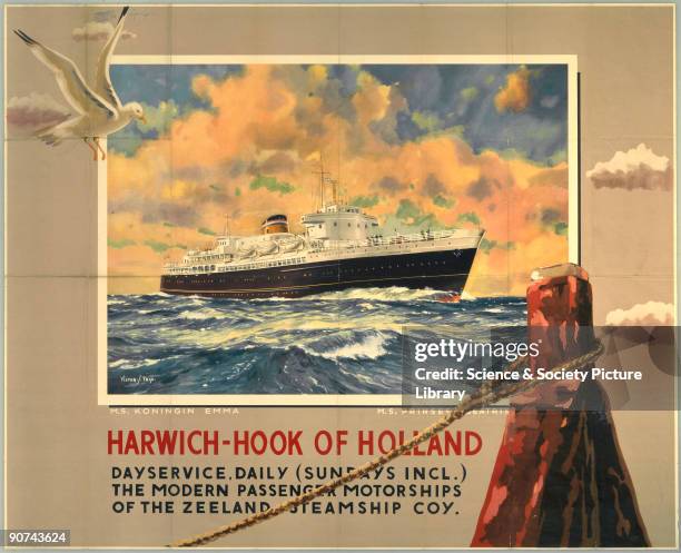 Poster produced for the Zeeland Steamship Company to promote their services between Harwich and the Hook of Holland. The company offered a daily...