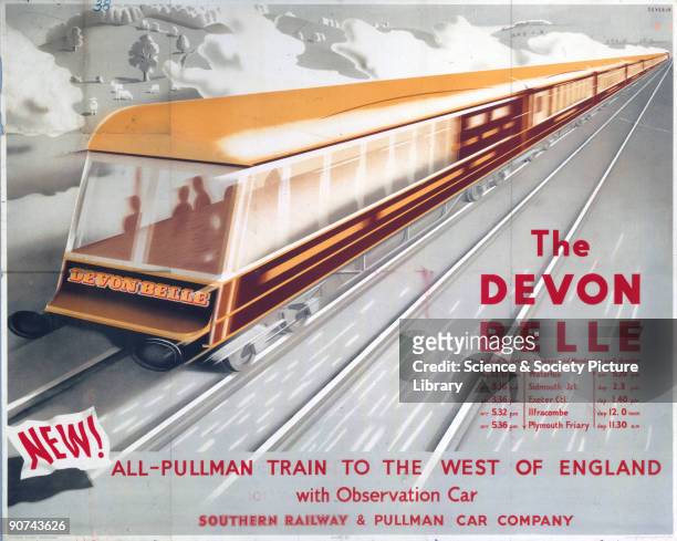 Poster produced for Southern Railway to promote rail services between the West of England and Waterloo Station, London. The poster shows �The Devon...