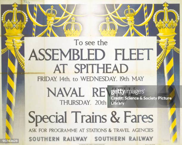 Proof copy of a poster produced for Southern Railway to promote rail services to Spithead, Portsmouth, Hampshire, where a Naval Review was taking...