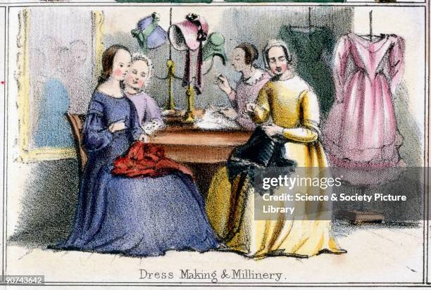 Vignette from a lithographic plate showing workers sewing silk dresses in the back room of a women�s clothes and hat shop. Taken from �The Silk-Worm�...
