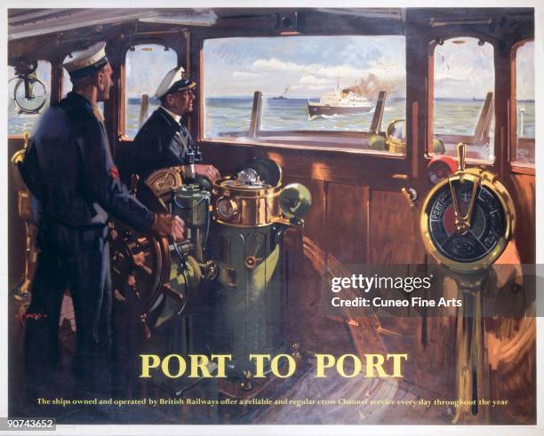 Poster produced for British Railways , Southern Region , promoting cross-channel services, showing an interior view of the bridge of a boat, where...