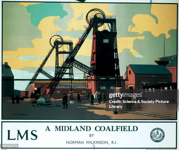 Poster produced for the London, Midland and Scottish Railway showing a coalfield in the Midlands. The poster shows a pit-yard scene, with miners...