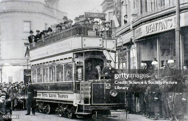 Any opening of a new electric tramway was always a matter of great civic pride, illustrated here by the crowd gathered to witness the first tram,...