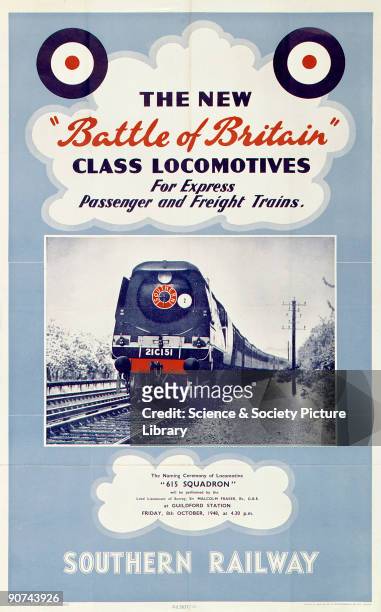 Poster produced for Southern Railway to promote the new 'Battle of Britain' class locomotives for express passenger and freight services. The poster...