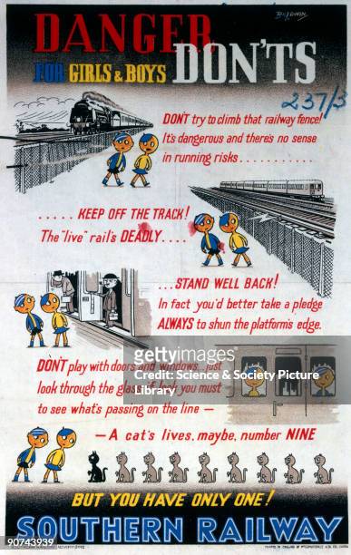 Poster produced for the Southern Railway , advising children of the dangers associated with trains and railway lines, showing two cartoon children in...