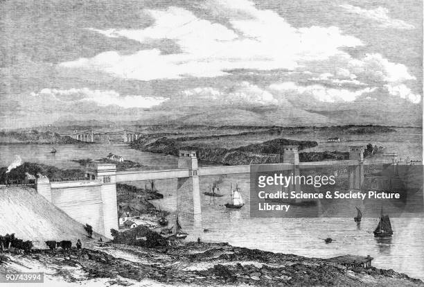 Plate taken from the 'Illustrated London News' . The Britannia Tubular Bridge spans the Menai Straits, connecting Anglesey to Wales. The idea of a...